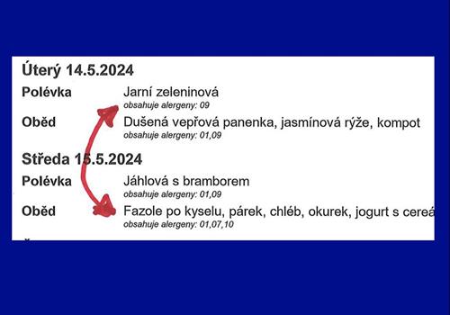 došlo ke změně v jídelníčku na tento týden | prohodili jsme úterní a středeční oběd